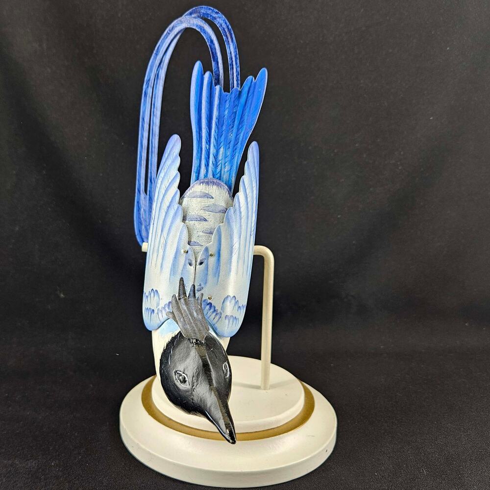 Blue White Metal Whimsy Bird on Stand Ashland decor figurine 9"